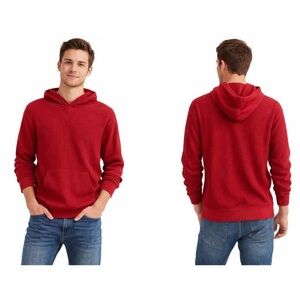 American Eagle Outfitters Red Waffle-Knit Hooded Pullover